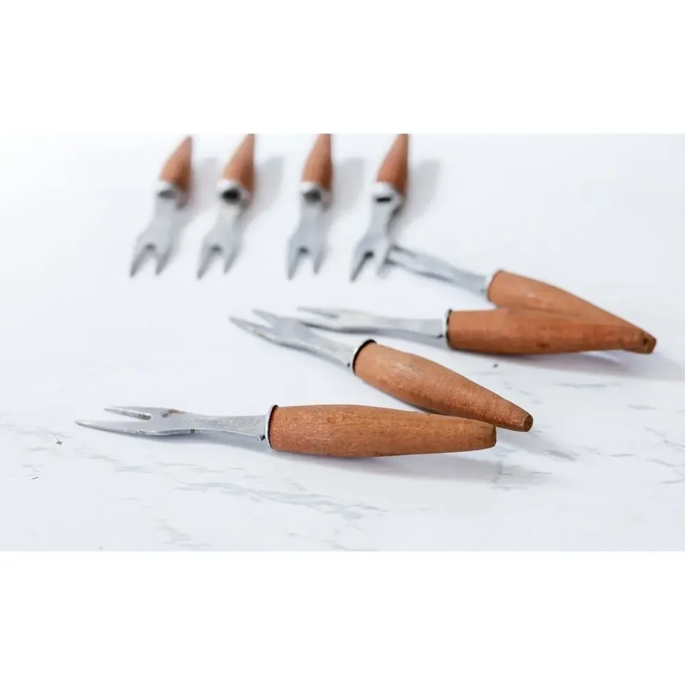 VTG Wood Cocktail Appetizer Fork Set of 8 Japan Midcentury Retro Tiki Party Bar